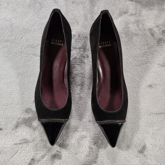 Stuart Weitzman Black Suede pointed patent leather toe with zipper detailing 6.5 - Picture 1 of 8